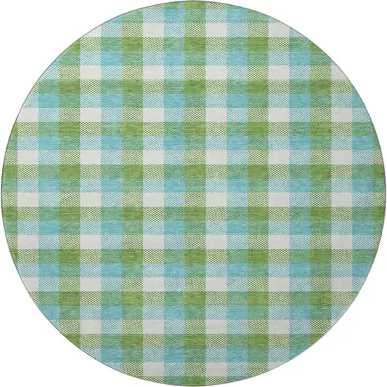 8' Lime Green Teal And Ivory Plaid Washable Round Rug With UV Protection Photo 3