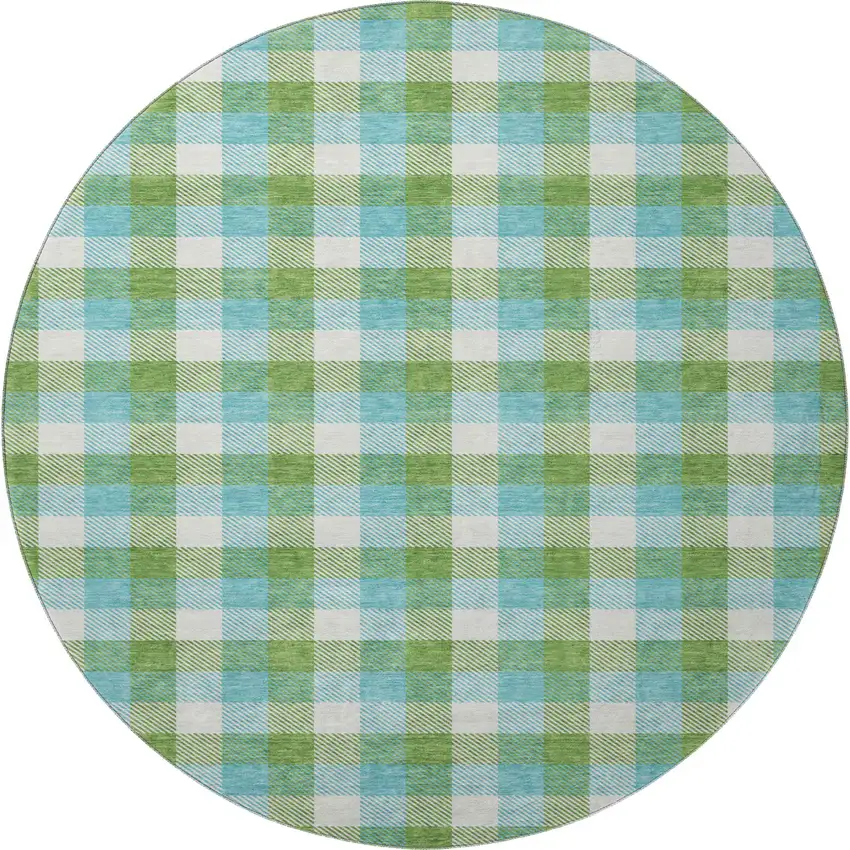 8' Lime Green Teal And Ivory Plaid Washable Round Rug With UV Protection Photo 3