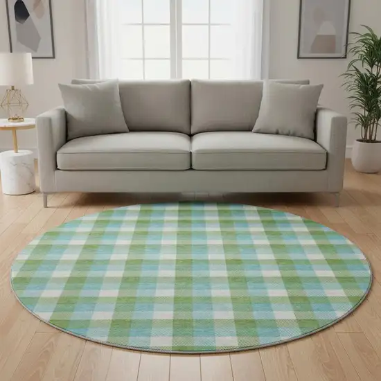 8' Lime Green Teal And Ivory Plaid Washable Round Rug With UV Protection Photo 2