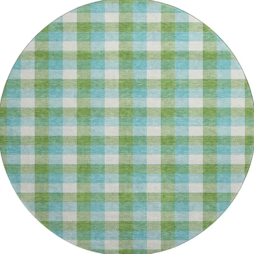8' Lime Green Teal And Ivory Plaid Washable Round Rug With UV Protection Photo 2