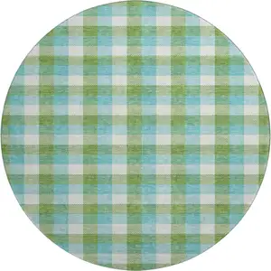Photo of 8' Lime Green Teal And Ivory Plaid Washable Round Rug With UV Protection