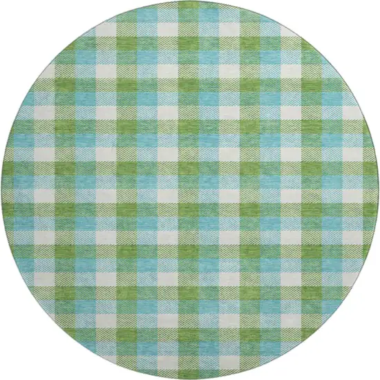 8' Lime Green Teal And Ivory Plaid Washable Round Rug With UV Protection Photo 1