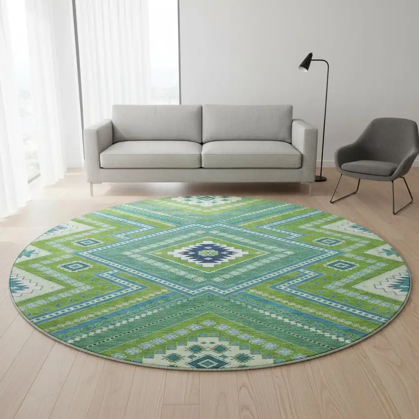 8' Lime Green Teal And Ivory Tribal Washable Round Rug With UV Protection Photo 2