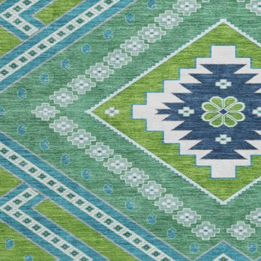 8' Lime Green Teal And Ivory Tribal Washable Round Rug With UV Protection Photo 2