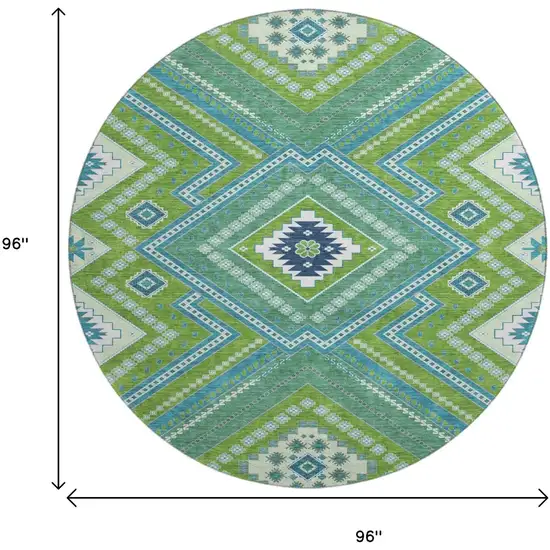 8' Lime Green Teal And Ivory Tribal Washable Round Rug With UV Protection Photo 9