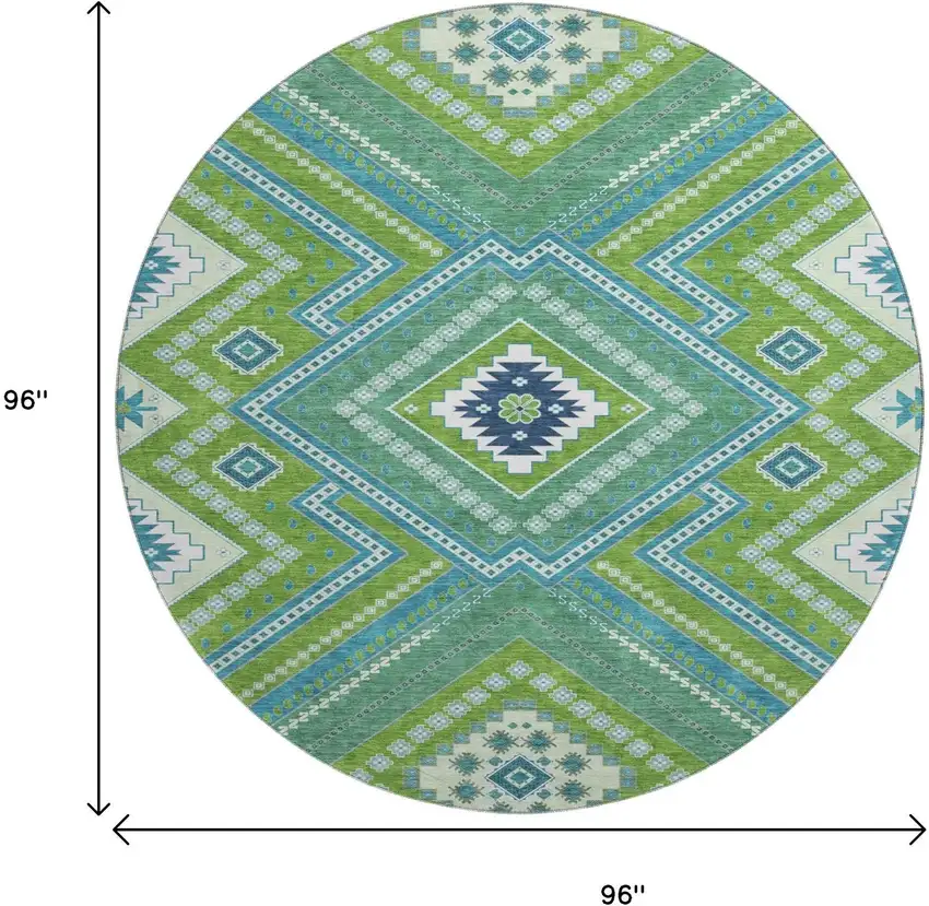 8' Lime Green Teal And Ivory Tribal Washable Round Rug With UV Protection Photo 9