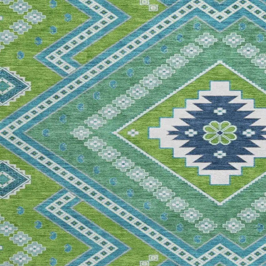 8' Lime Green Teal And Ivory Tribal Washable Round Rug With UV Protection Photo 3