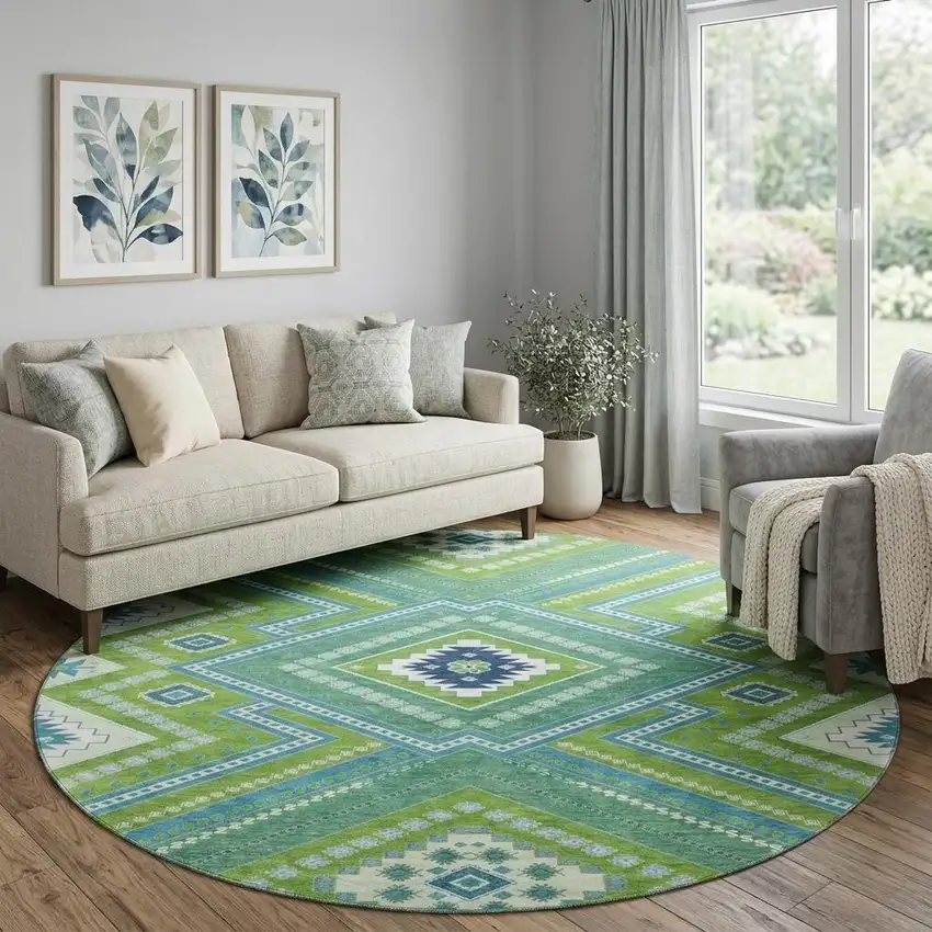 8' Lime Green Teal And Ivory Tribal Washable Round Rug With UV Protection Photo 1