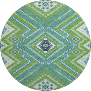 Photo of 8' Lime Green Teal And Ivory Tribal Washable Round Rug With UV Protection