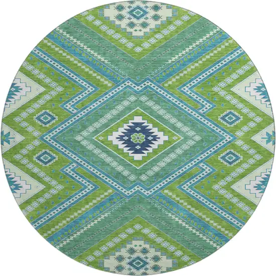8' Lime Green Teal And Ivory Tribal Washable Round Rug With UV Protection Photo 1