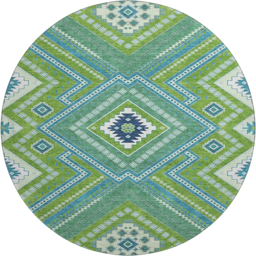 8' Lime Green Teal And Ivory Tribal Washable Round Rug With UV Protection Photo 1