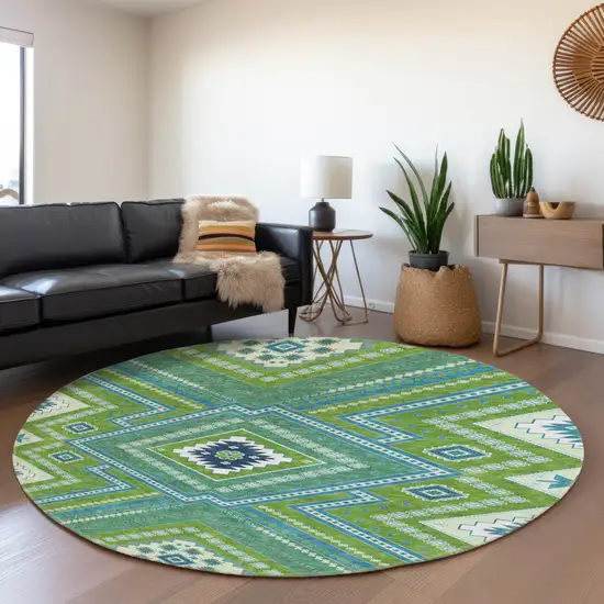 8' Lime Green Teal And Ivory Tribal Washable Round Rug With UV Protection Photo 4