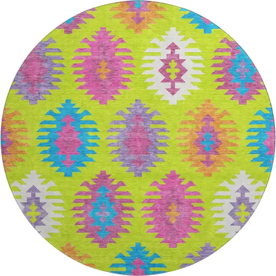 8' Lime Green Teal And Purple Southwestern Washable Round Rug With UV Protection Photo 1