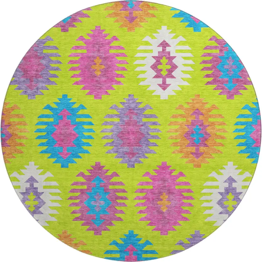 8' Lime Green Teal And Purple Southwestern Washable Round Rug With UV Protection Photo 1