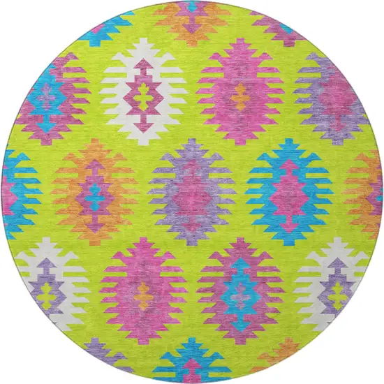 8' Lime Green Teal And Purple Southwestern Washable Round Rug With UV Protection Photo 2