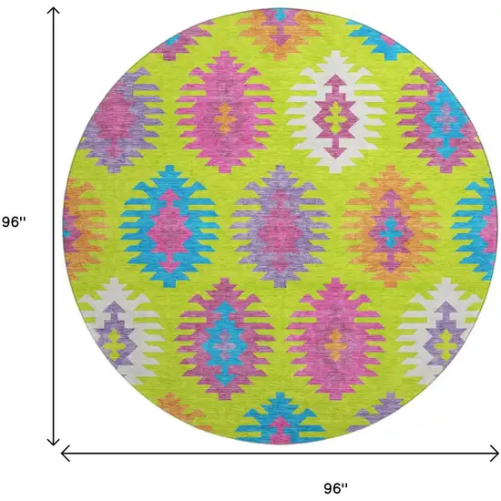 8' Lime Green Teal And Purple Southwestern Washable Round Rug With UV Protection Photo 8