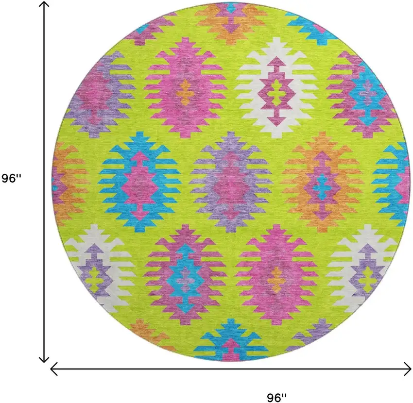 8' Lime Green Teal And Purple Southwestern Washable Round Rug With UV Protection Photo 8