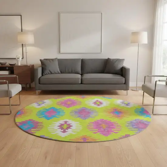 8' Lime Green Teal And Purple Southwestern Washable Round Rug With UV Protection Photo 2