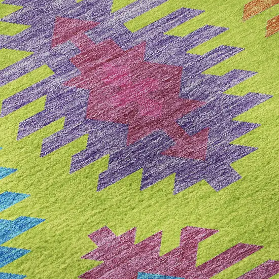 8' Lime Green Teal And Purple Southwestern Washable Round Rug With UV Protection Photo 7