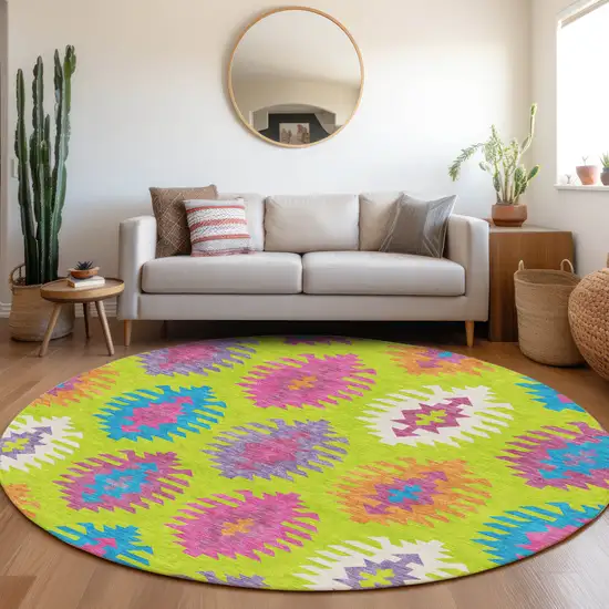 8' Lime Green Teal And Purple Southwestern Washable Round Rug With UV Protection Photo 3