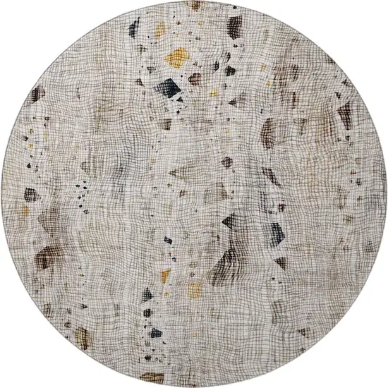8' Linen And Beige Abstract Washable Round Rug With UV Protection Photo 4