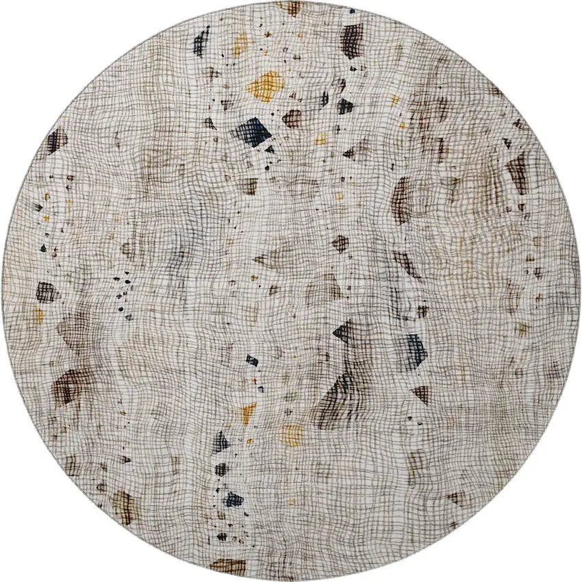 8' Linen And Beige Abstract Washable Round Rug With UV Protection Photo 4