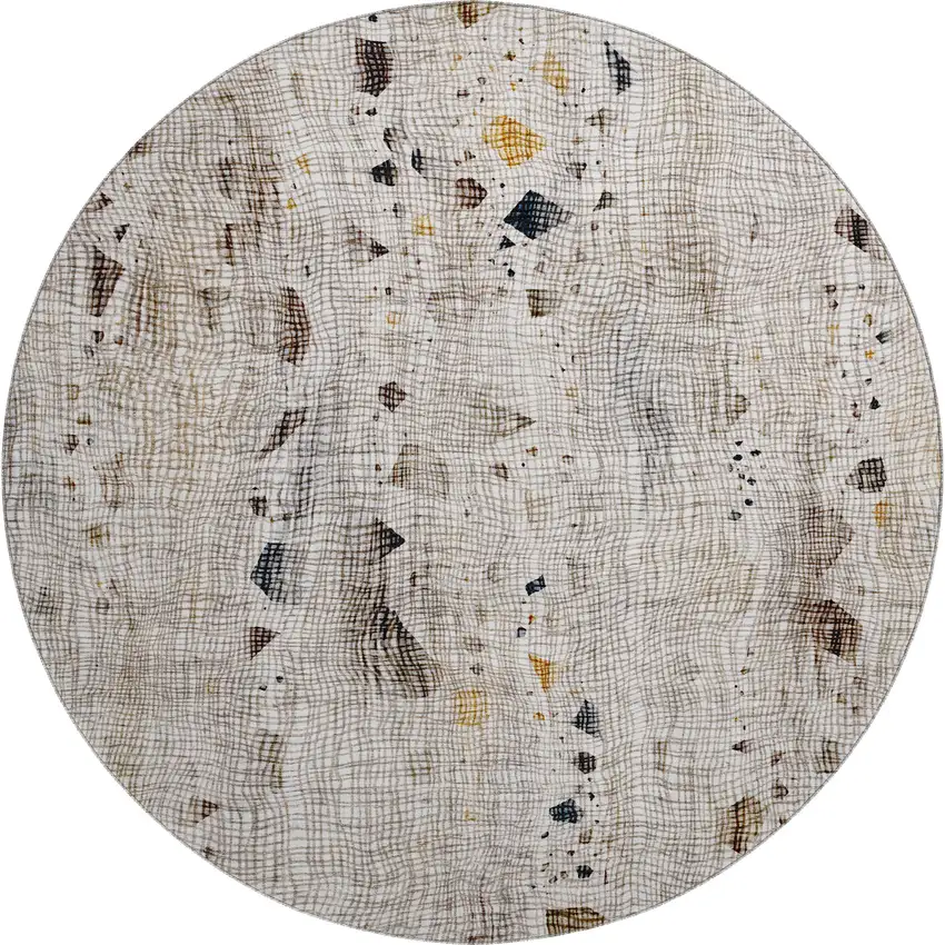 8' Linen And Beige Abstract Washable Round Rug With UV Protection Photo 1
