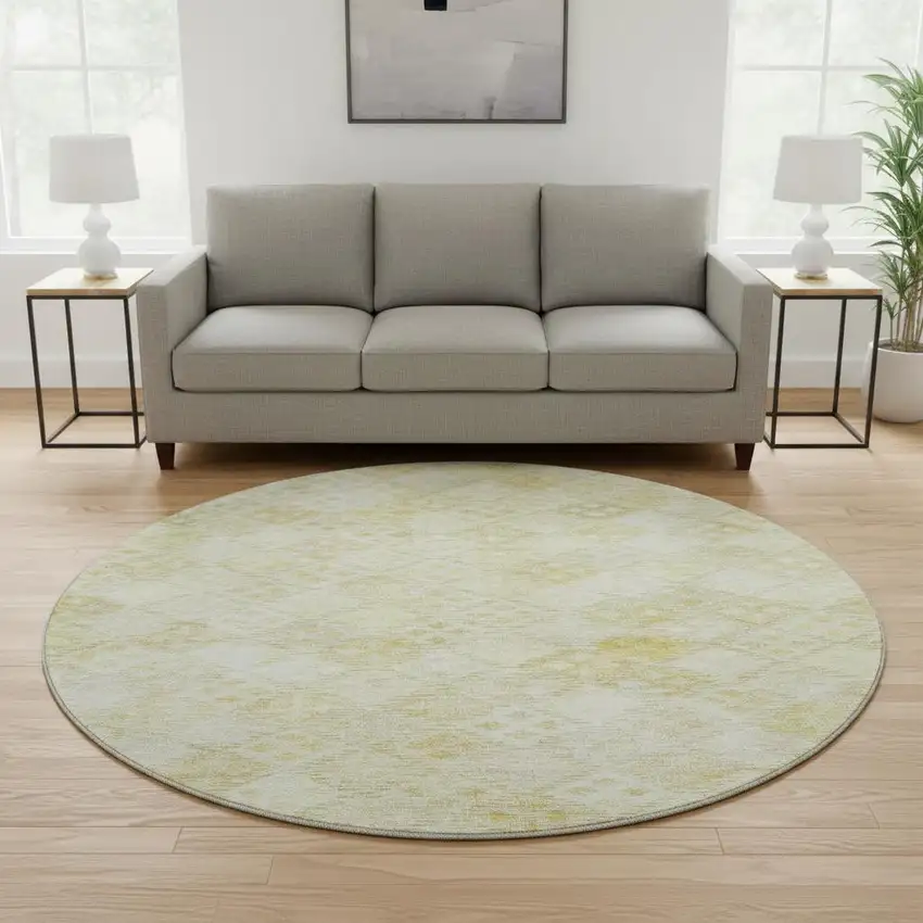 8' Linen And Beige Geometric Washable Round Rug With UV Protection Photo 2