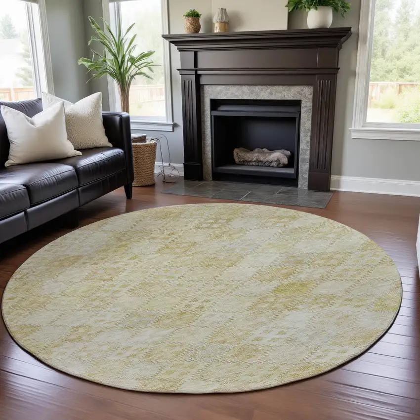 8' Linen And Beige Geometric Washable Round Rug With UV Protection Photo 4