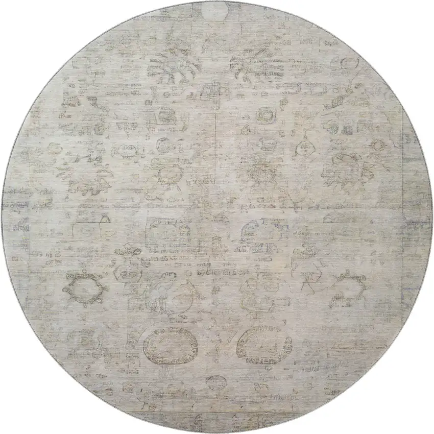 8' Linen And Beige Oriental Washable Round Rug With UV Protection Photo 3