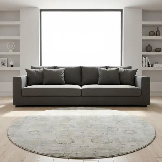 8' Linen And Beige Oriental Washable Round Rug With UV Protection Photo 2