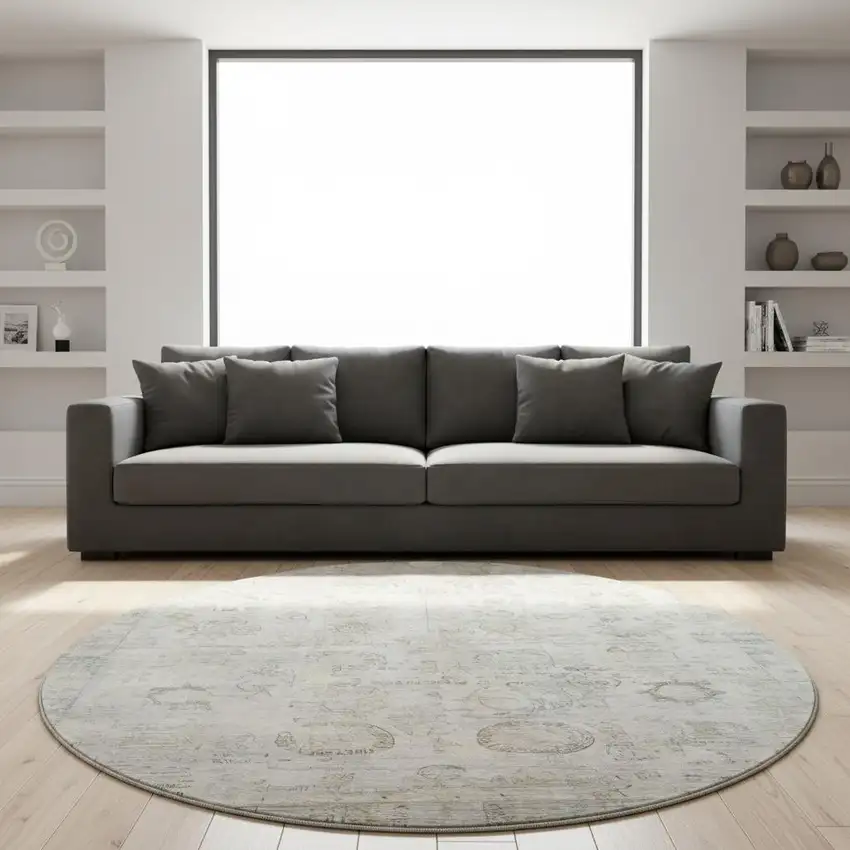 8' Linen And Beige Oriental Washable Round Rug With UV Protection Photo 2