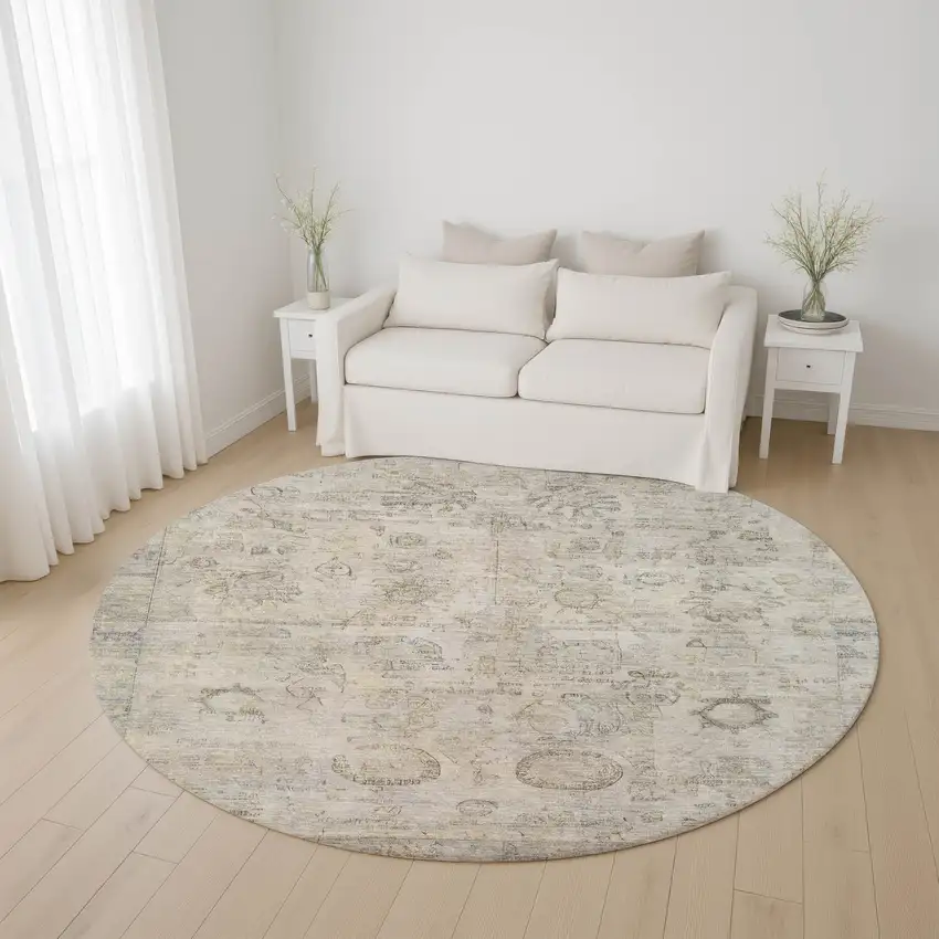 8' Linen And Beige Oriental Washable Round Rug With UV Protection Photo 4