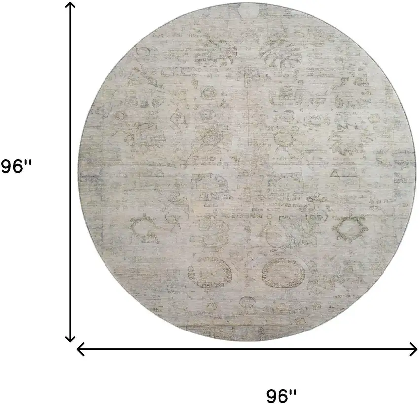 8' Linen And Beige Oriental Washable Round Rug With UV Protection Photo 9