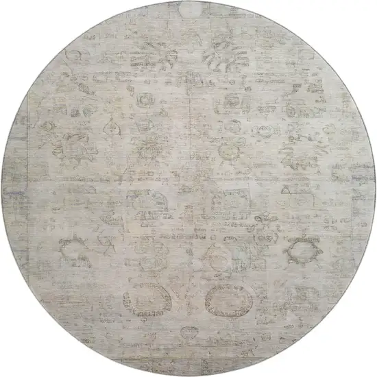 8' Linen And Beige Oriental Washable Round Rug With UV Protection Photo 1