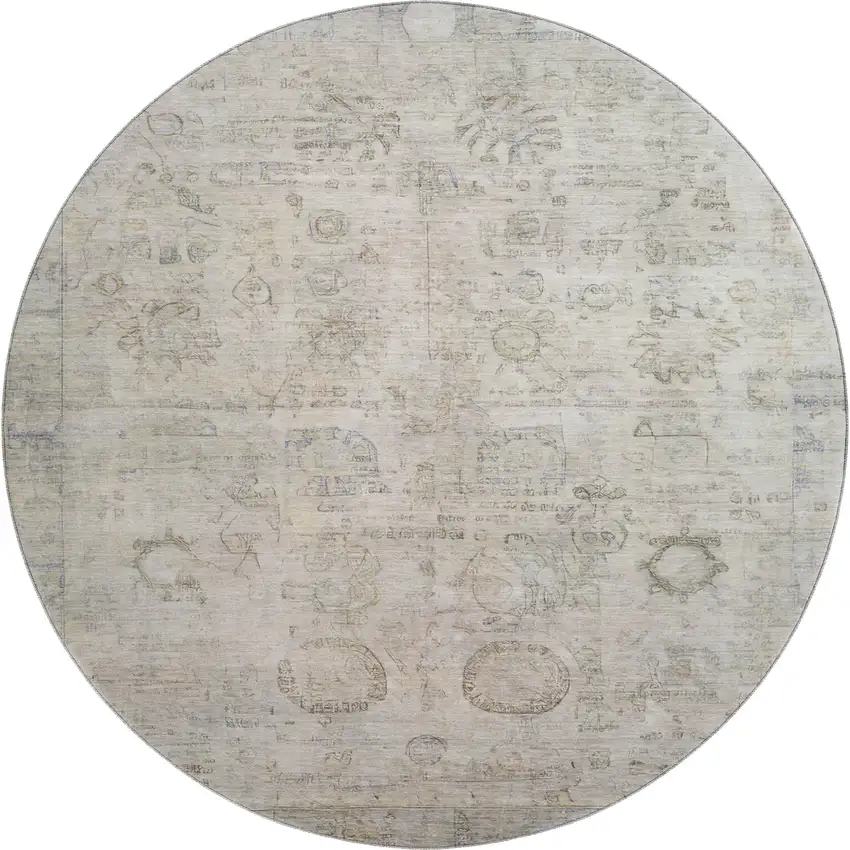 8' Linen And Beige Oriental Washable Round Rug With UV Protection Photo 1