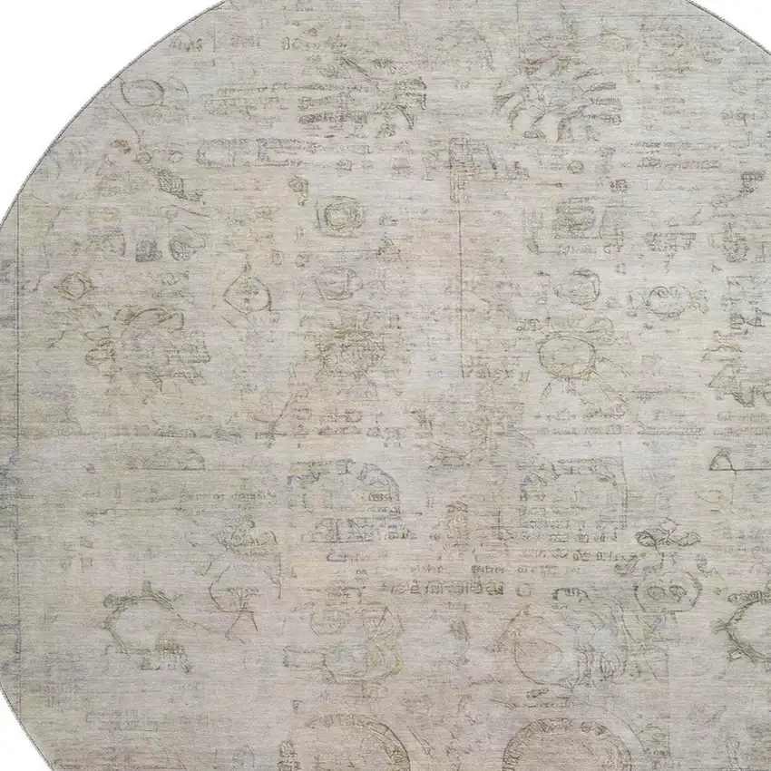 8' Linen And Beige Oriental Washable Round Rug With UV Protection Photo 2