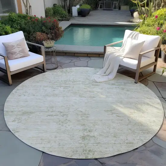 8' Linen And Beige Round Abstract Washable Indoor Outdoor Area Rug Photo 6