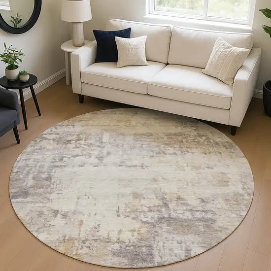 8' Linen And Beige Round Abstract Washable Indoor Outdoor Area Rug Photo 5