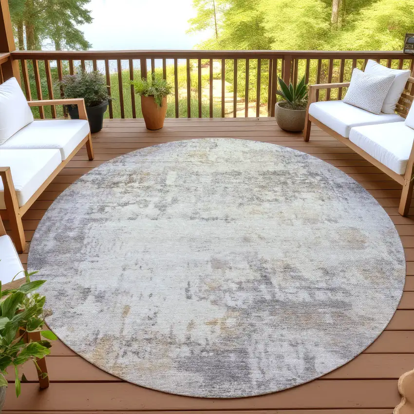 8' Linen And Beige Round Abstract Washable Indoor Outdoor Area Rug Photo 4