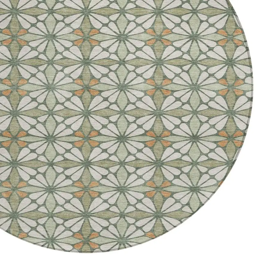 8' Linen And Beige Round Geometric Washable Indoor Outdoor Area Rug Photo 2