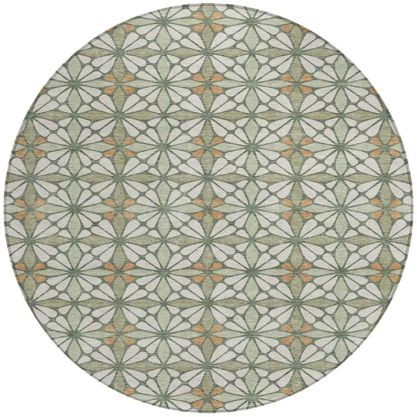 8' Linen And Beige Round Geometric Washable Indoor Outdoor Area Rug Photo 3