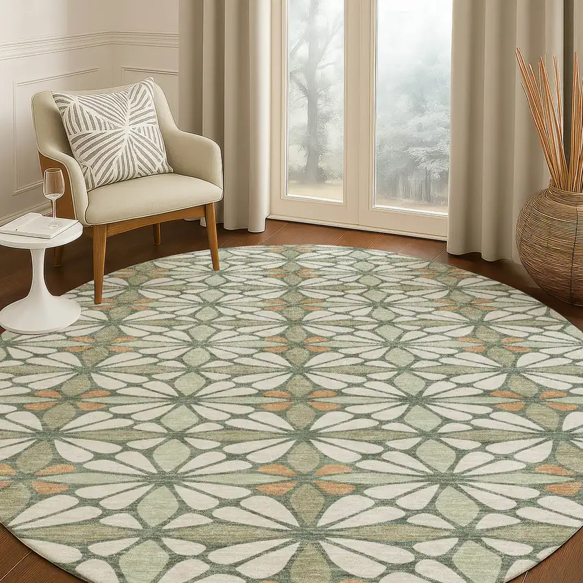 8' Linen And Beige Round Geometric Washable Indoor Outdoor Area Rug Photo 5