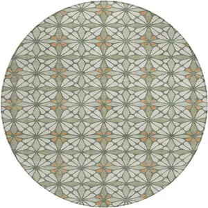 Photo of 8' Linen And Beige Round Geometric Washable Indoor Outdoor Area Rug