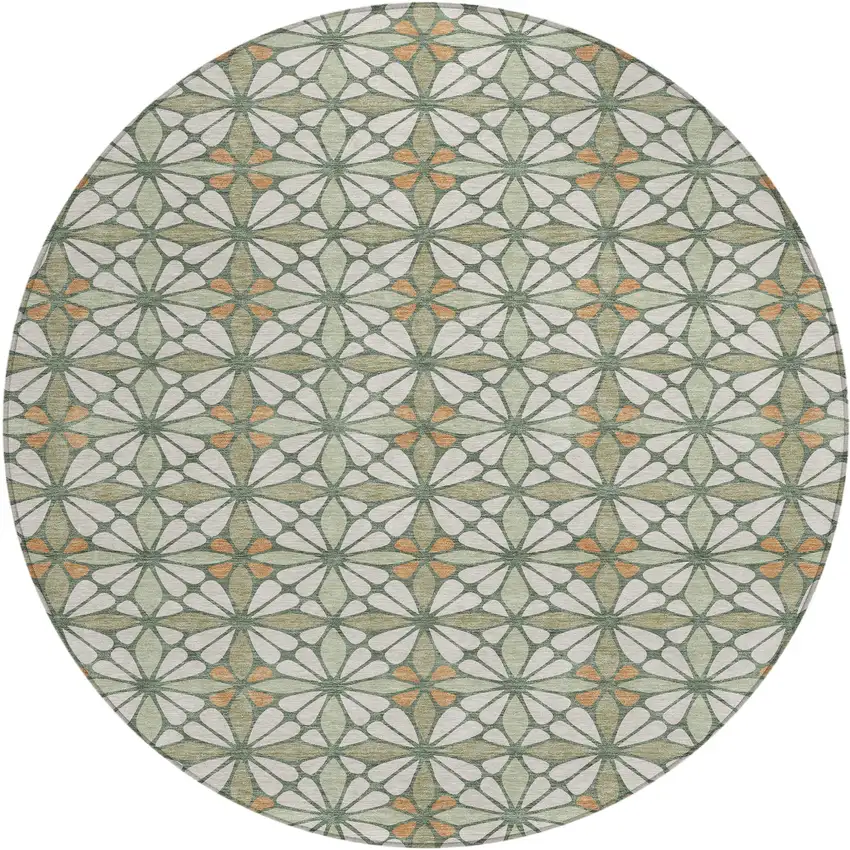 8' Linen And Beige Round Geometric Washable Indoor Outdoor Area Rug Photo 1
