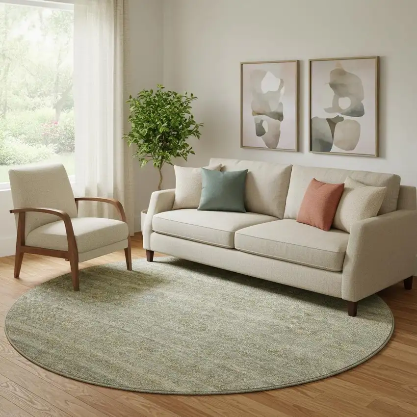 8' Linen And Beige Striped Washable Round Rug With UV Protection Photo 2