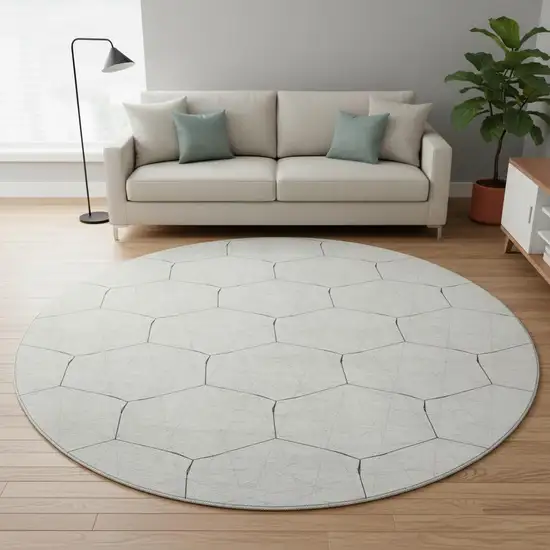 8' Linen And Black Geometric Washable Round Rug With UV Protection Photo 2