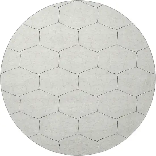 8' Linen And Black Geometric Washable Round Rug With UV Protection Photo 3