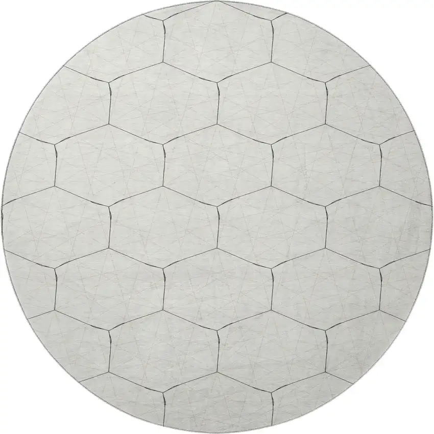 8' Linen And Black Geometric Washable Round Rug With UV Protection Photo 3