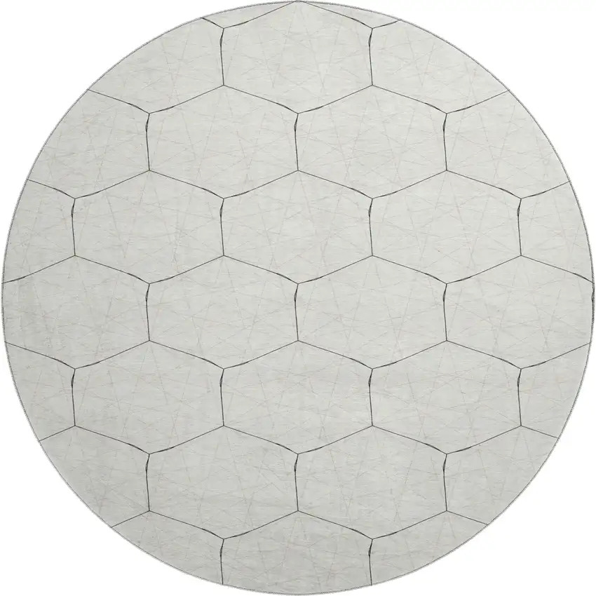 8' Linen And Black Geometric Washable Round Rug With UV Protection Photo 1